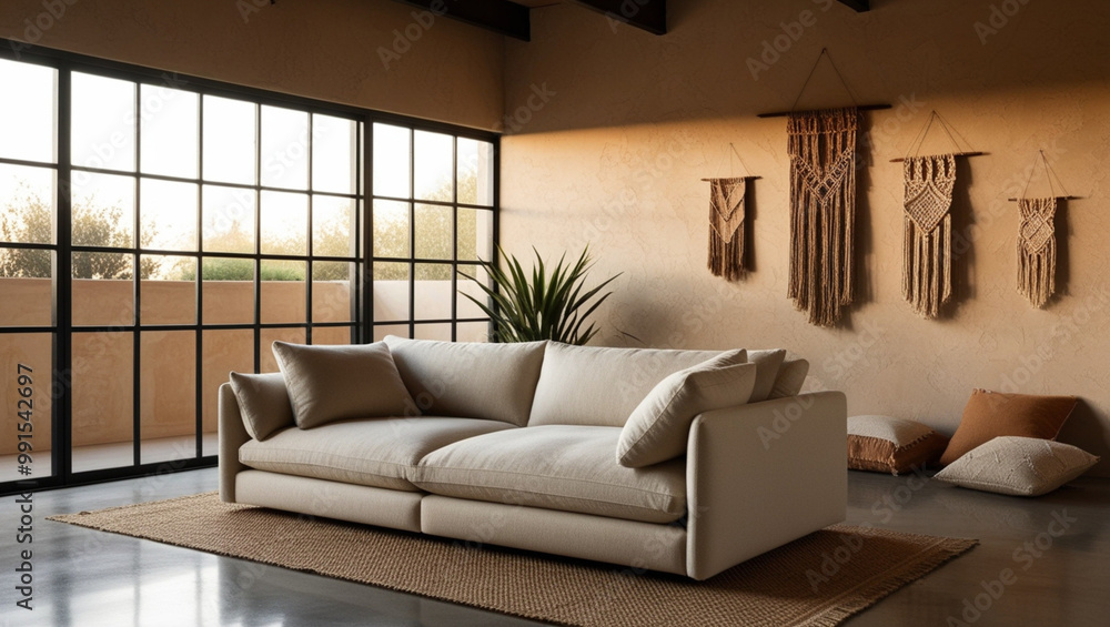 bohemian-inspired minimalist living room featuring a plush beige sofa with a low profile, generative ai bohemian-inspired minimalist living room featuring a plush beige sofa with a low profile, generative ai