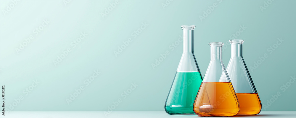 Chemical flasks in vibrant colors of green and orange are arranged on solid grey background, showcasing modern laboratory aesthetic. scene evokes sense of scientific exploration and discovery Chemical flasks in vibrant colors of green and orange are arranged on solid grey background, showcasing modern laboratory aesthetic. scene evokes sense of scientific exploration and discovery