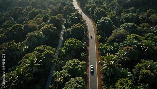 Aerial view of a car on a highway through a tropical forest.