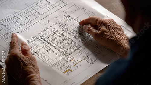 A person examines architectural plans, showcasing detailed blueprints and hands that suggest experience and contemplation. photo