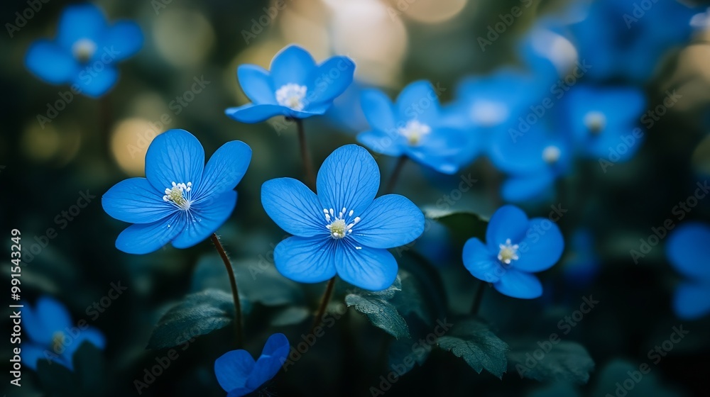Blue flowers with leaves in spring Landscape : Generative AI Blue flowers with leaves in spring Landscape : Generative AI