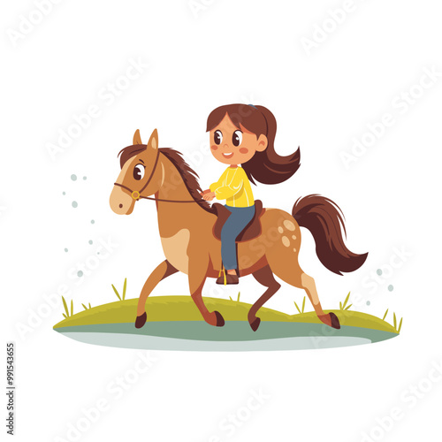 A happy little girl riding a brown horse on a grassy field, smiling while enjoying the ride