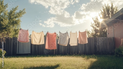 Wallpaper Mural Clothes drying on a clothesline in a backyard with a clear, spacious sky providing ample room for copy. - Torontodigital.ca