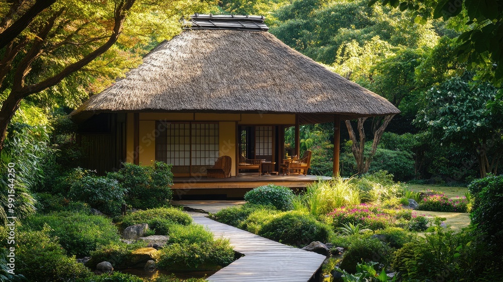 A traditional Japanese thatched-roof house surrounded by lush greenery, with a wooden porch and seasonal flowers adding to the rustic charm. A traditional Japanese thatched-roof house surrounded by lush greenery, with a wooden porch and seasonal flowers adding to the rustic charm.
