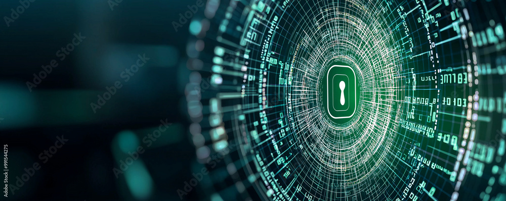 Obraz premium Secure lock symbol surrounded by matrix of digital data, representing cybersecurity and data protection. neon green tones create futuristic and high tech atmosphere