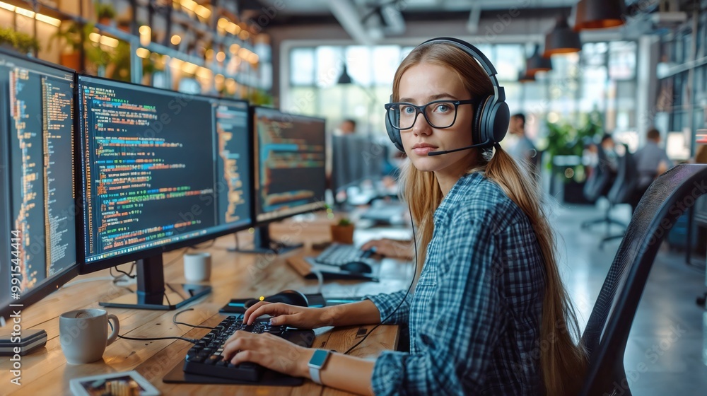 A female developer coding at a multi-monitor setup in a tech office A female developer coding at a multi-monitor setup in a tech office