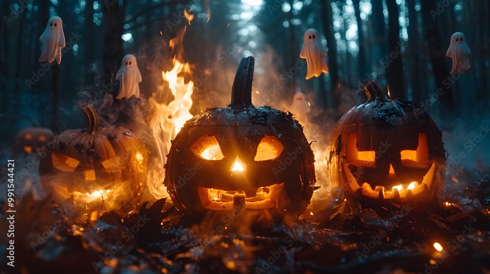 Fototapeta premium Teens gathered around a spooky Halloween bonfire, surrounded by glowing pumpkins and floating ghost decorations, firelight flickering on their faces, dense mist rolling through the dark forest,