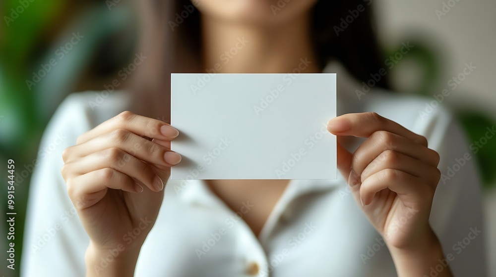 Woman holding blank business card for mock up : Generative AI Woman holding blank business card for mock up : Generative AI