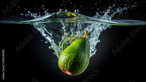 A green ripe avocado is captured mid air as it plunges into a pool of crystal clear water with a dark black background creating a stunning contrast, ripe, motion, contrast, mid-air, fresh photo