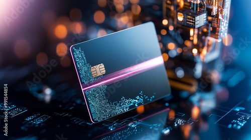 A futuristic credit card design featuring sleek matte finish and intricate circuit patterns, set against backdrop of glowing digital elements. This image evokes sense of advanced technology and innova