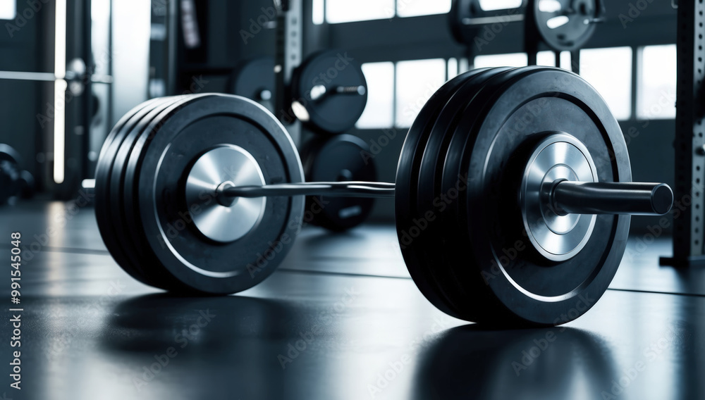 weight bar sits on a gleaming wooden floor, reflecting the surroundings. The gym equipment in the blurred background weight bar sits on a gleaming wooden floor, reflecting the surroundings. The gym equipment in the blurred background