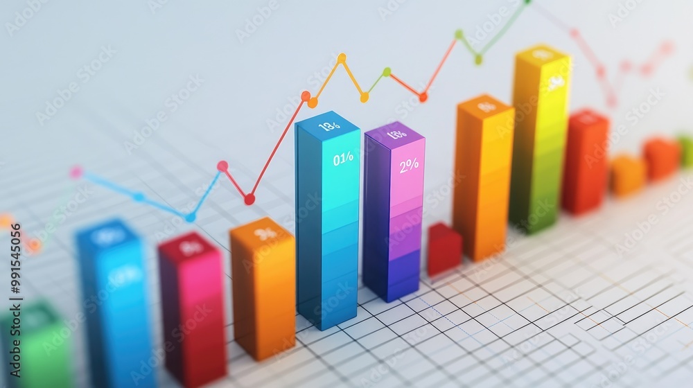 A vibrant 3D bar chart in blue, red, and green colors, with data labels floating above each bar, showing an upward trend on a white background with grid lines A vibrant 3D bar chart in blue, red, and green colors, with data labels floating above each bar, showing an upward trend on a white background with grid lines