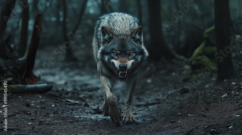 Angry lone wolf walking through a forest path, baring teeth in a fierce front-facing stance, perfect for a 4K wallpaper that captures the wild and untamed spirit of nature.   photo