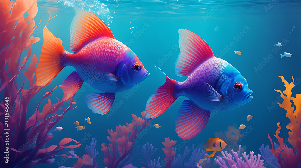 Fototapeta premium High quality gradient color fishes swimming colorful underwater illustration background.