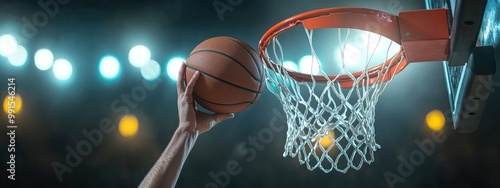 A basketball playerâ€™s hand guiding the ball into the hoop, soft motion blur from the dunk, stadium lights glowing