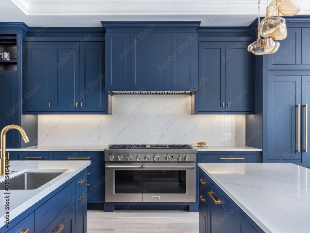 Fototapeta premium A kitchen with navy cabinets, grey countertops, and a white backsplash