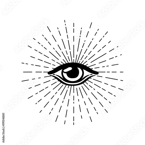 Blackwork tattoo flash. Eye of Providence. Masonic symbol. All seeing eye inside triangle pyramid. New World Order. Sacred geometry, religion, spirituality, occultism. Isolated vector illustration