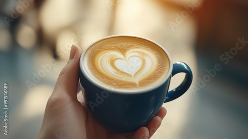 A hand holding a cup of coffee with a delicate latte art heart, framed by the sunlit interior of a modern cafe, evoking a sense of comfort and relaxation.