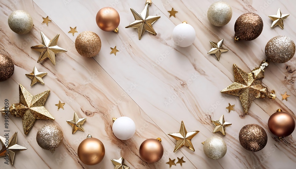 Obraz premium Subtle Festive Flat Lay Mockup Featuring a Hyper Realistic Top View with Scattered Christmas Baubles, Gold Stars, and a Minimalist 2025 Marquee. Graphic art illustration