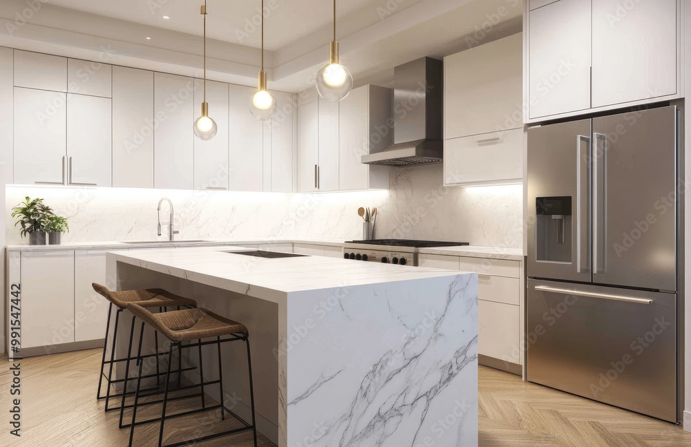 Fototapeta premium A large, spacious kitchen with white cabinets and a marble countertop island. The room is well-lit by pendant lights above the sink area.