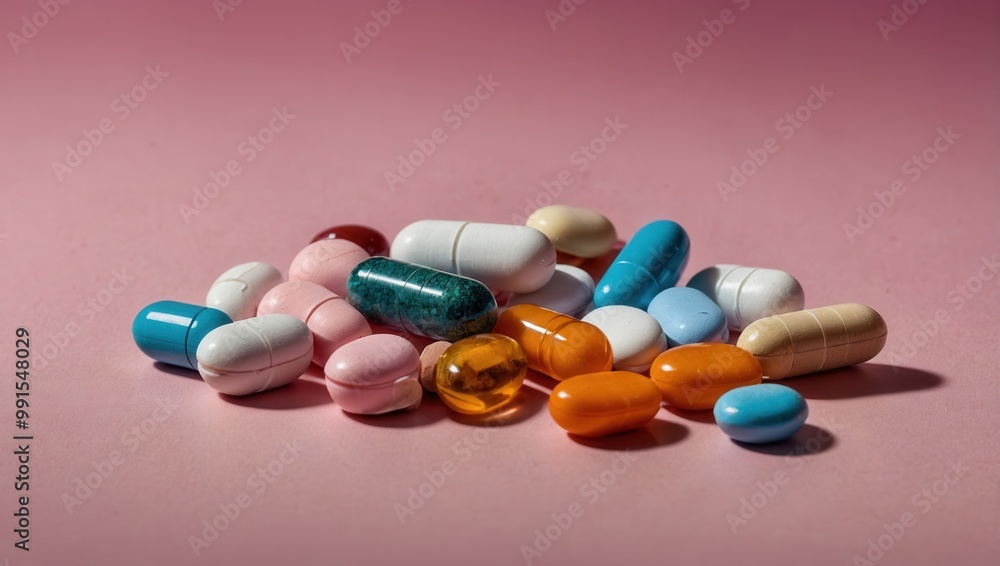 Prescription Pills Scattered on Flat Surface Prescription Pills Scattered on Flat Surface