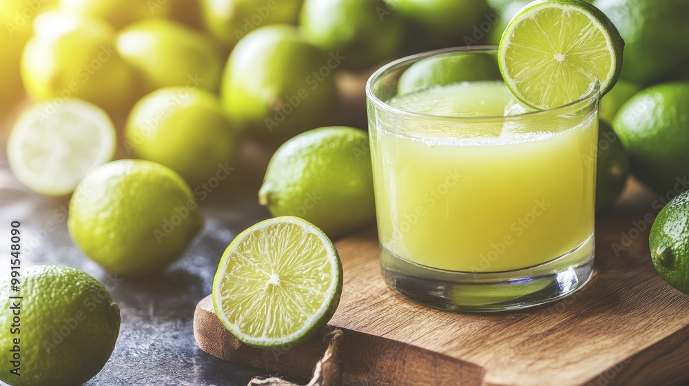 A vibrant display of fresh limes arranged on a wooden cutting board, with a glass of freshly squeezed lime juice nearby, capturing the essence of freshness A vibrant display of fresh limes arranged on a wooden cutting board, with a glass of freshly squeezed lime juice nearby, capturing the essence of freshness