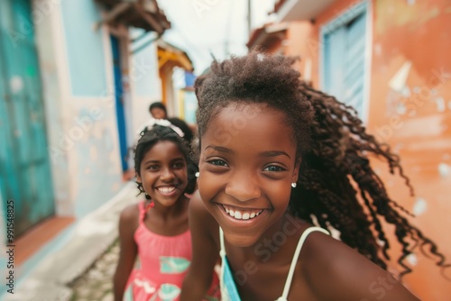 Two women with curly hair are smiling at the camera, generative ai image