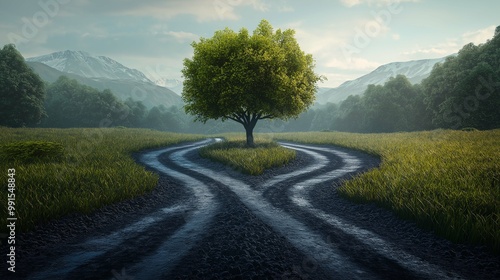 A road with a fork leading in two opposite directions. photo