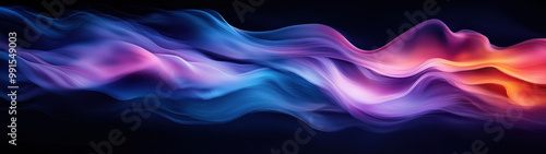 Swirling waves of vibrant energy and luminous light undulate across a black canvas, blending dark blue, purple, and orange hues into an entrancing digital composition 