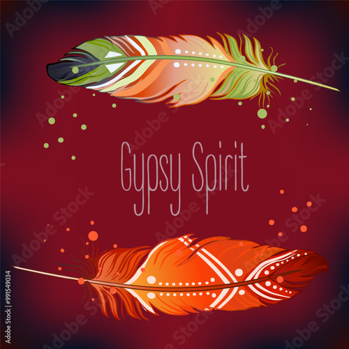 Hand drawn vector painted bird feathers isolated on white background. Colorfu...