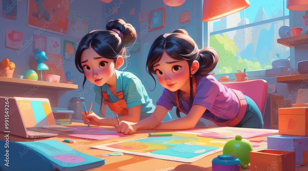 Two little girls drawing at a table with colored papers, pencils, a laptop, and a green apple Two little girls drawing at a table with colored papers, pencils, a laptop, and a green apple