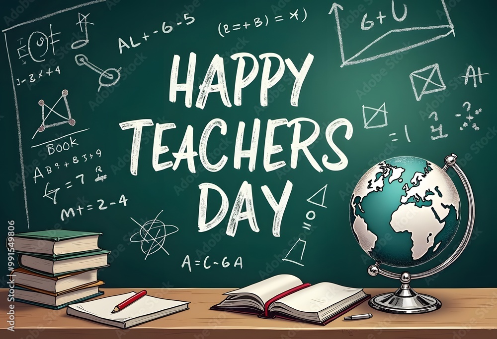Happy Teacher Day greeting card of chalk sketch drawing text on school chalkboard with mathematics, geometry and chemistry formula, study lessons book or apple and geography globe. Vector illustration Happy Teacher Day greeting card of chalk sketch drawing text on school chalkboard with mathematics, geometry and chemistry formula, study lessons book or apple and geography globe. Vector illustration