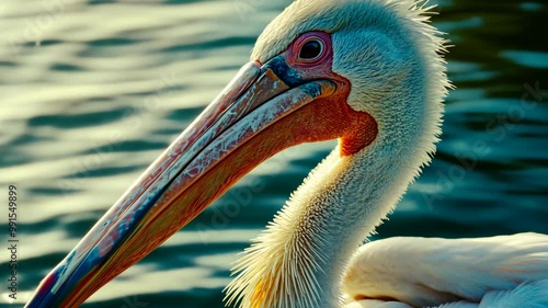 A pelican with a long orange beak rests on the water, its eye reflecting the blue hues of the lake