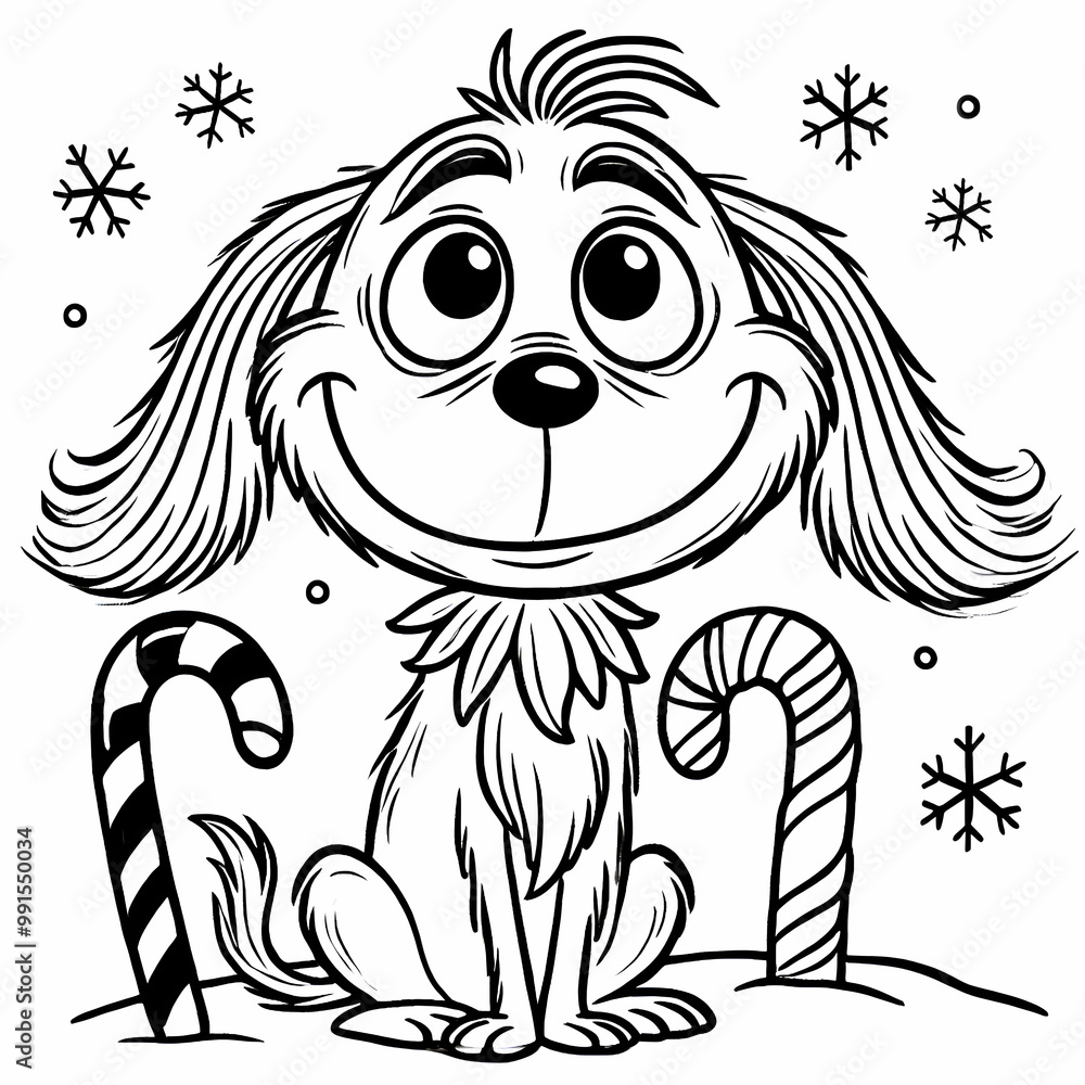 Fototapeta premium Cute dog with candy canes and snowflakes, black and white Christmas cartoon illustration, Cozy Cute Halloween Coloring Page, Funny Children Art, Cozy Activity, Printable Sheet