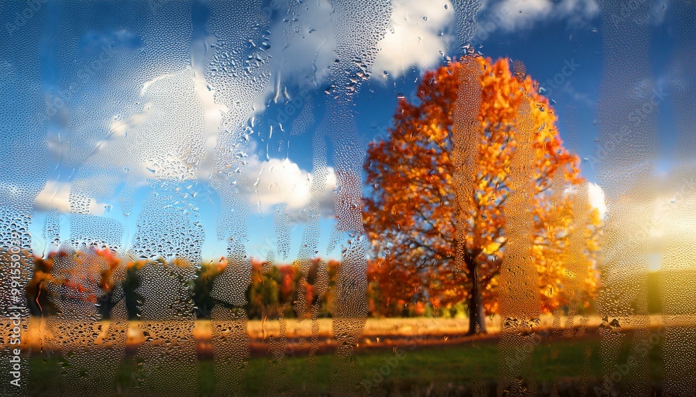 Wet window in autumn, tree and clouds in the background Wet window in autumn, tree and clouds in the background