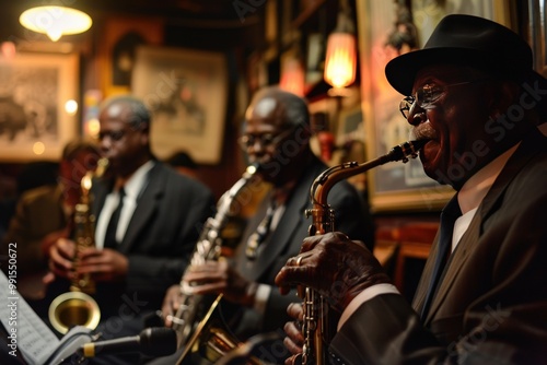 A man in a hat plays a saxophone in front of a group of other men, generative ai image