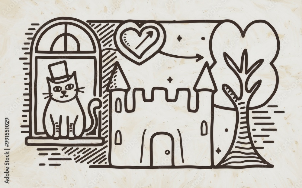 Obraz premium Cat in window with castle. Hand-drawn illustration of a cat wearing a hat looking out of a window at a castle in the distance. The cat is dreaming of adventure.