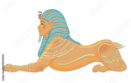 Sphinx, Egyptian mythical creature with head of human, body of lion and wings. Hand-drawn vintage vector outline illustration. Tattoo flash, t-shirt or poster design, postcard. Egypt history.