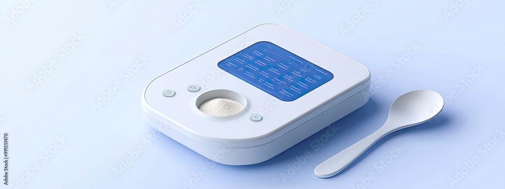 A digital nutrition scale measuring flour, app showing detailed breakdown of calories, soft blue light from the screen A digital nutrition scale measuring flour, app showing detailed breakdown of calories, soft blue light from the screen