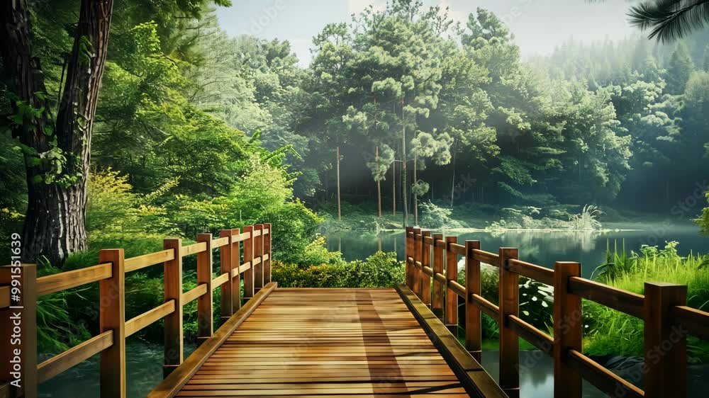 A wooden bridge leads into a lush, green forest with a calm lake in the background A wooden bridge leads into a lush, green forest with a calm lake in the background