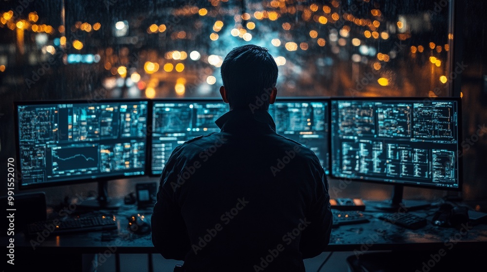 Silhouette of a Hacker Working at Night Silhouette of a Hacker Working at Night
