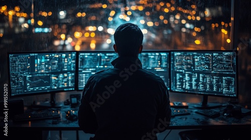 Silhouette of a Hacker Working at Night