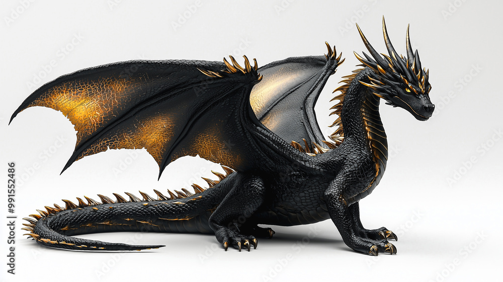 Detailed black dragon figure with gold accents on white background
Detailed black dragon figure with gold accents on white background