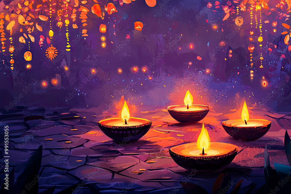 Clay Diya lamps lit during Diwali, Hindu festival of lights celebration. Colorful traditional oil lamp diya and colorful background Clay Diya lamps lit during Diwali, Hindu festival of lights celebration. Colorful traditional oil lamp diya and colorful background