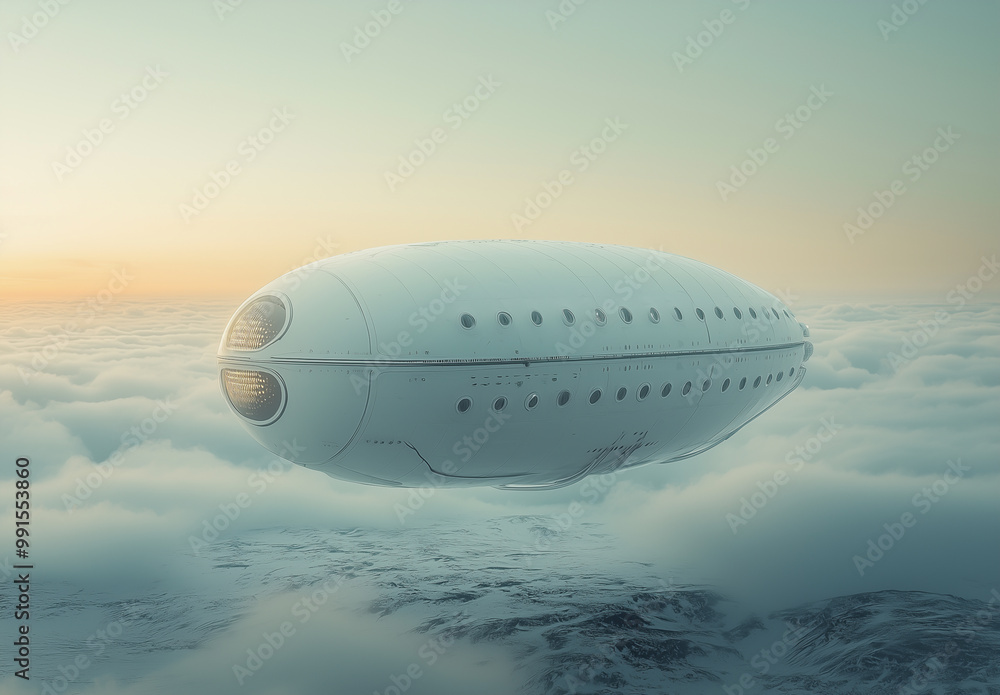 Massive white airship floating in a bright sky above the clouds
Massive white airship floating in a bright sky above the clouds