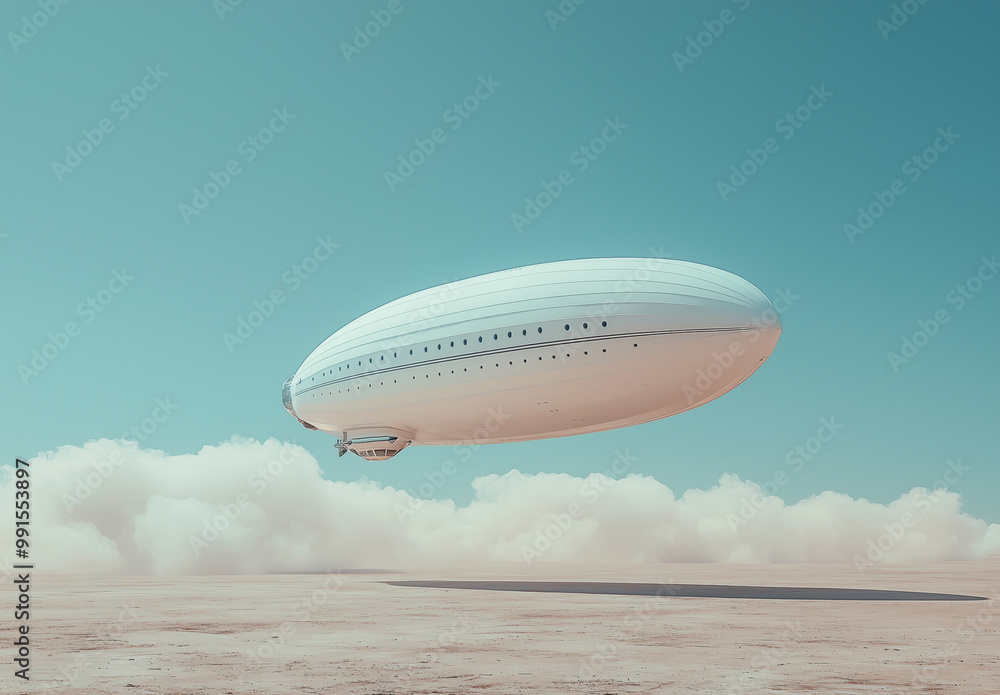 Fototapeta premium Massive white airship floating in a bright sky above the clouds