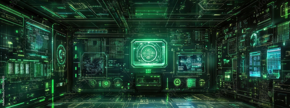 Fototapeta premium A futuristic control panel with biometric scanning, glowing softly with green and blue lights