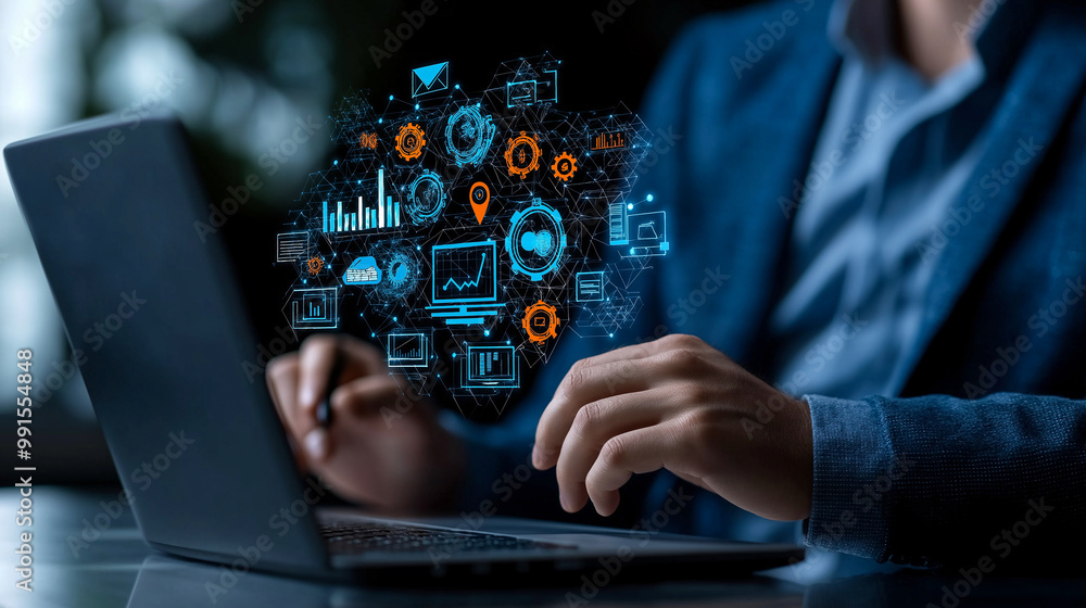 image depicts person working on laptop, surrounded by digital icons representing data analysis, optimization, and technology. scene conveys sense of innovation and productivity image depicts person working on laptop, surrounded by digital icons representing data analysis, optimization, and technology. scene conveys sense of innovation and productivity