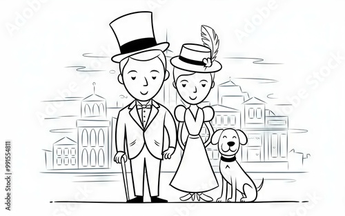 Couple walking dog city. Elegant couple stroll through city with their dog. Symbolic of family, love, and urban life.