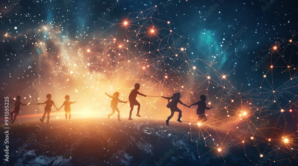 A business network visualized as a web of glowing threads, with children swinging from one connection to another, building relationships across the world A business network visualized as a web of glowing threads, with children swinging from one connection to another, building relationships across the world
